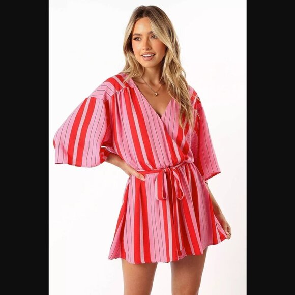 Petal & Pup Deena Red Pink White Stripe Belted Romper M - Picture 1 of 5